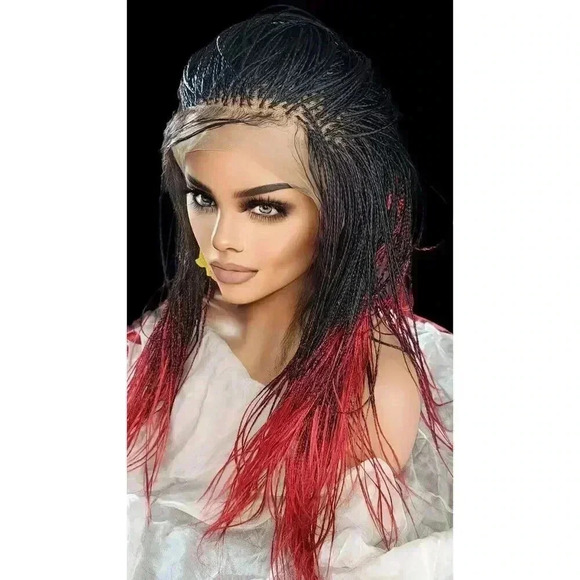 Yassine Red/Black Ombre Braided Wig | 100% Handmade Micro Millions Lace - Picture 14 of 16